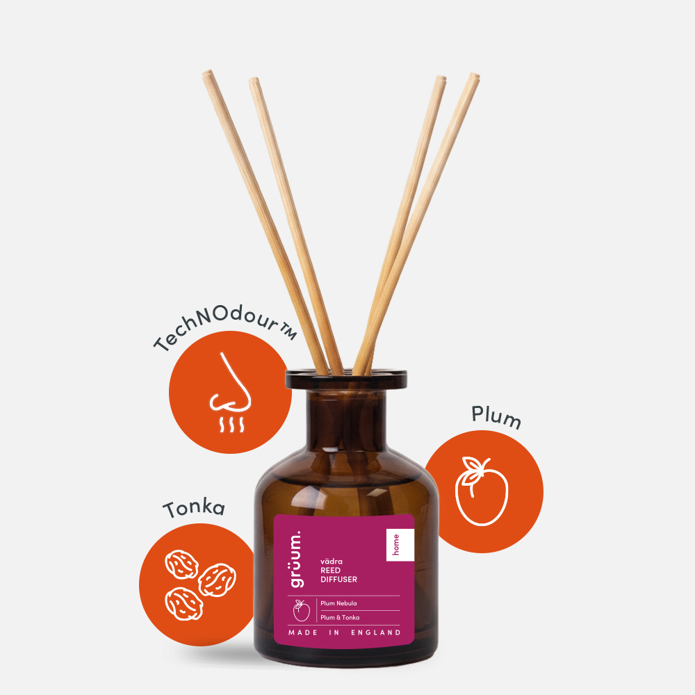 Brown reed diffuser with wooden sticks.