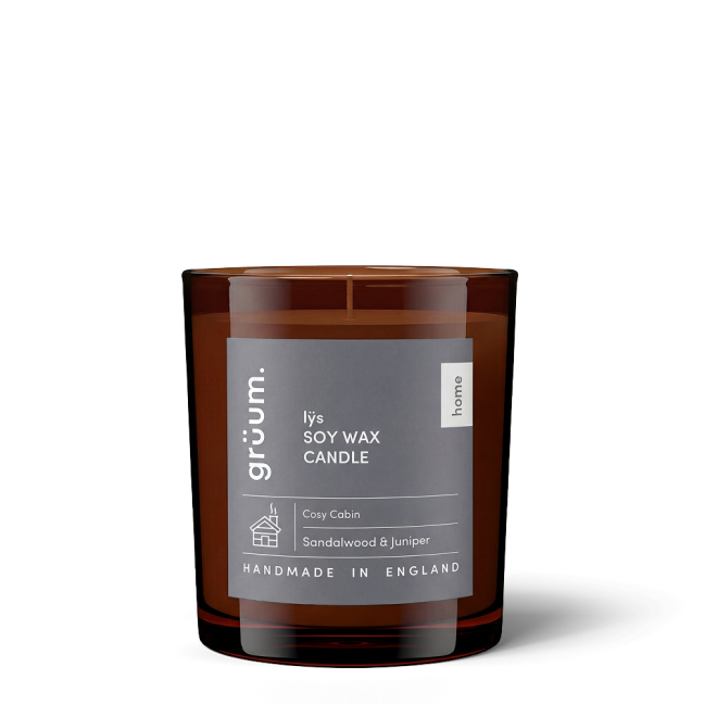 Brown soy wax candle with label