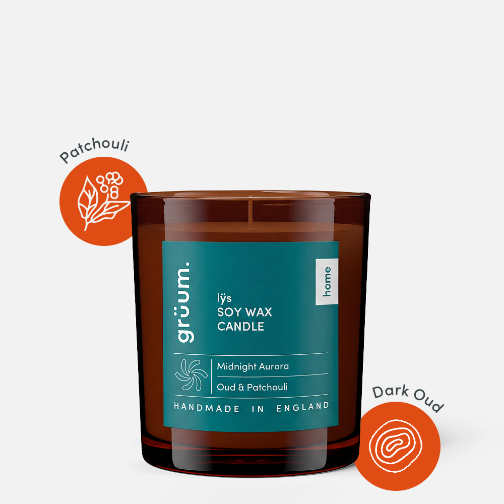 Brown soy wax candle with labels