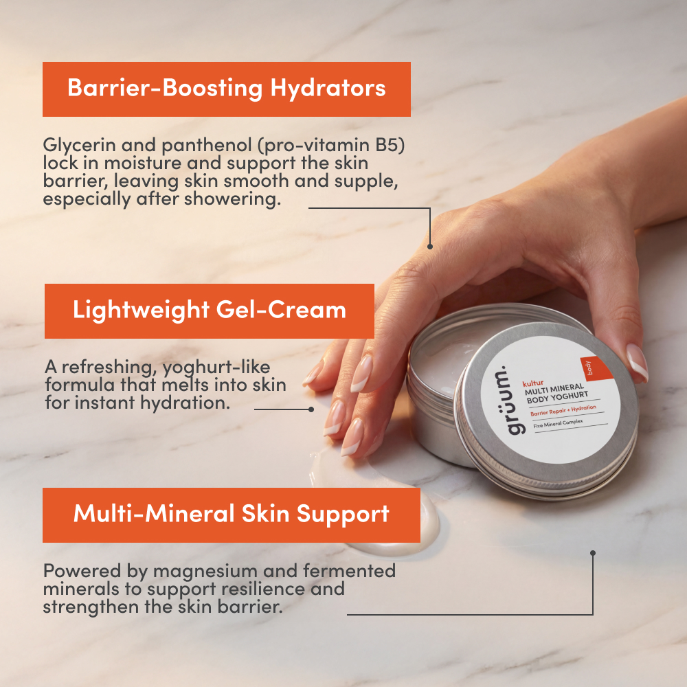 Hand applying body yoghurt on marble surface.