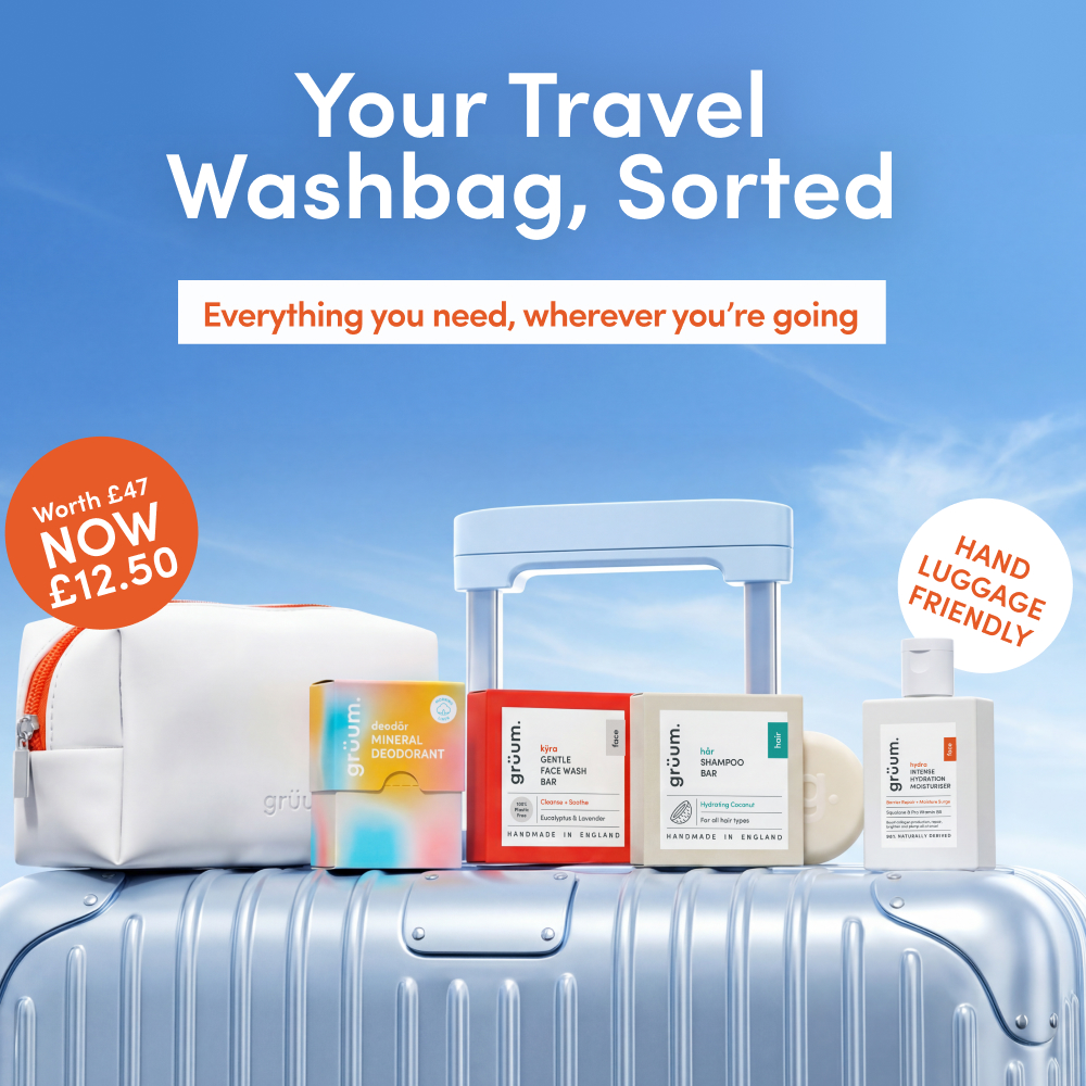 Travel toiletry set on suitcase