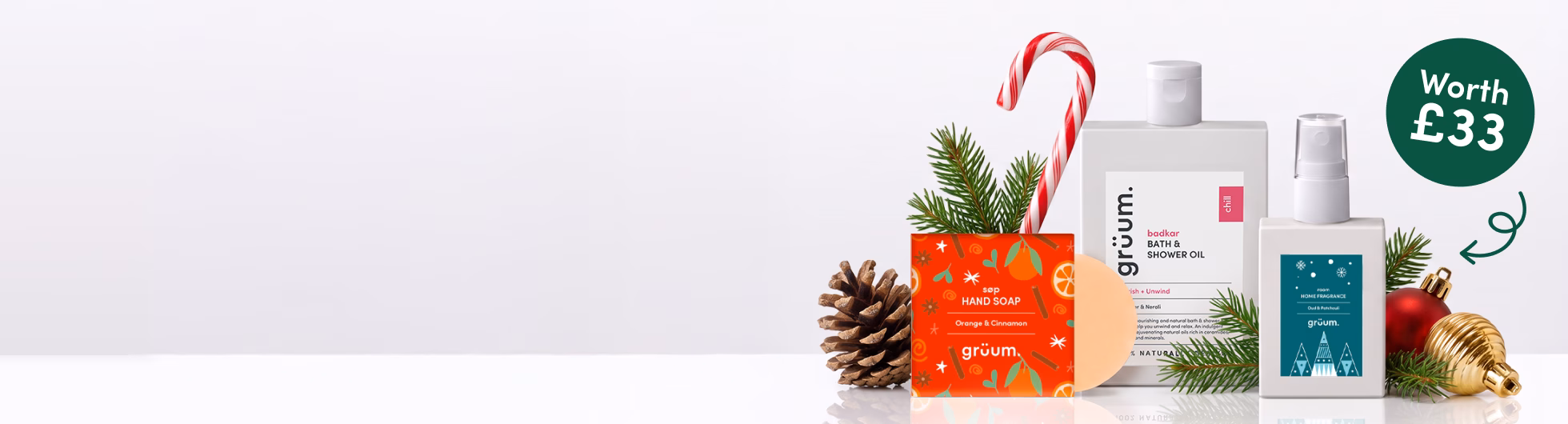 Holiday-themed bath and body gift set with decorations