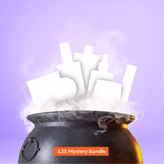 Cauldron steaming with mystery product silhouettes