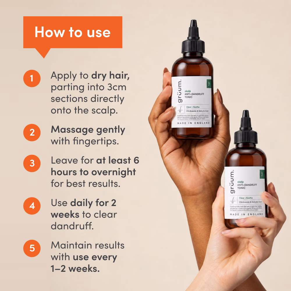 Hands holding anti-dandruff tonic bottles next to usage steps